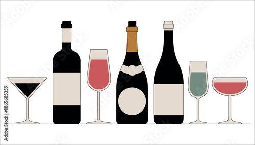 Wine bottles and glasses in different colors and shapes wine glasses red wine white background.