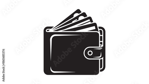 Black and white minimalist vector illustration of a leather wallet with credit cards peeking out representing personal finance and digital payment methods