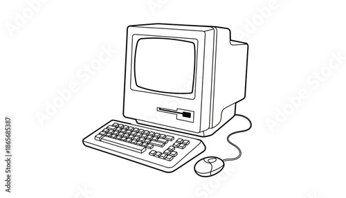 A vintage computer setup with a monitor, keyboard, and mouse in silhouette mode