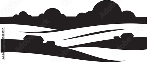 Simple black and white landscape with rolling hills and clouds