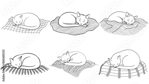 Minimalist black and white line illustration vector set of a cute cat sleeping peacefully on a cozy knitted blanket for pet and home lifestyle themes