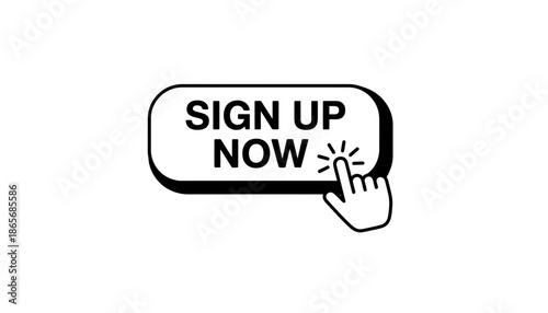 A hand pointing to a sign up now button on a white background silhouette