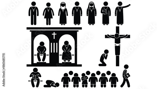 A silhouette of various religious figures and people in different poses and settings silhouette