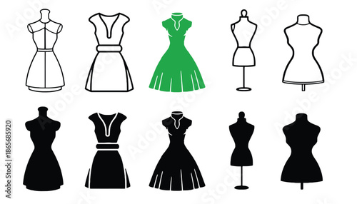 A collection of fashion dress forms and mannequins in various styles and silhouettes