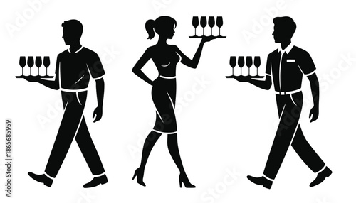 A group of waiters and waitresses in silhouette serving wine glasses