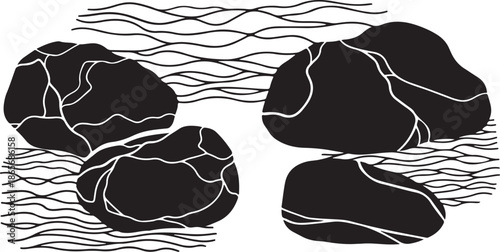 Black rocks with white lines on water background illustration