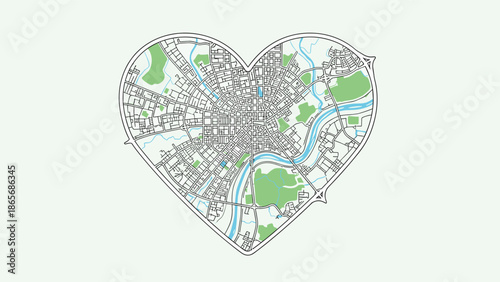 A stylized city map with streets, rivers, and parks creatively designed inside the shape of a heart, symbolizing love for a city or town.