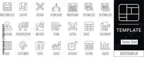 Template Line Icon Set. Layout, Flowchart, Diagram, Form, Wire frame, Table, Gird Editable and more. Line Icons Collection. 