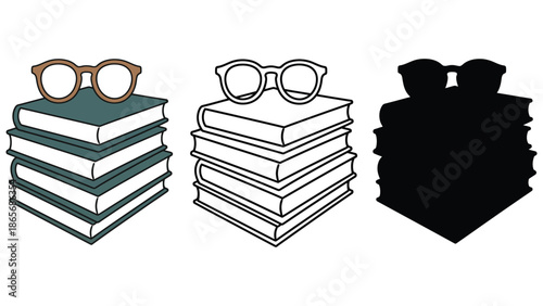 Three stacks of books with glasses on top, in color, outline, and silhouette.