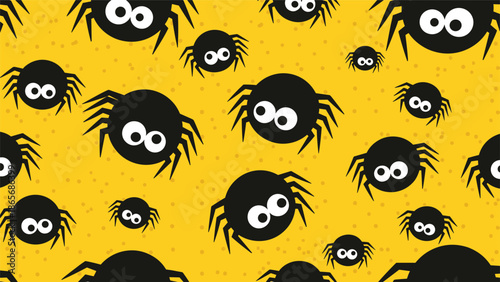 A fun and spooky seamless Halloween pattern featuring numerous cute cartoon black spiders with big eyes scattered across a vibrant yellow background.