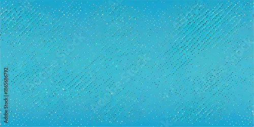 A blue grunge painted wall texture features abstract aqua water drops and wet rain droplets on a clear glass surface with fresh liquid bubbles