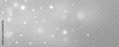Silver dust glows with shimmer, sparkle, glitter across soft bokeh blur. Sparks, twinkling particles, luminous highlights, flare magical Christmas and New Year festive light. PNG vector illustration.