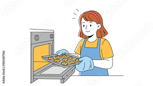 A happy young woman wearing an apron and oven mitts carefully takes a tray of freshly baked chocolate chip cookies out of a hot oven.