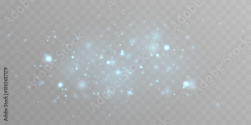 Blue glittering dust sparkles shimmer, sparks, glowing particles across bokeh blur. Twinkle, luminous highlights, flare elegant Christmas and New Year festive illumination. PNG vector illustration.