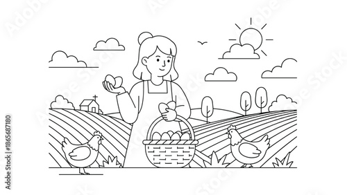 A black and white line art coloring page showing a female farmer in an apron collecting fresh eggs in a basket on a beautiful farm landscape.