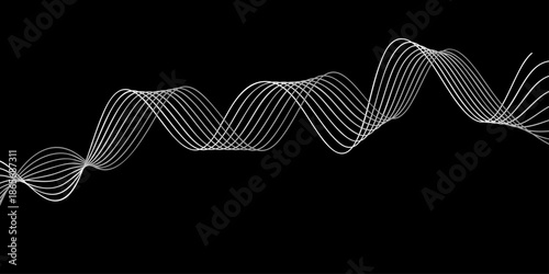 A blue science molecule design featuring a spiral DNA helix rendering with wave motion lines and sine pattern light elements on a black background vector backdrop