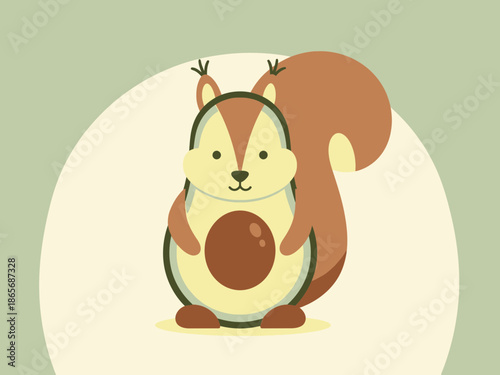 Creative flat design illustration featuring a charming cartoon squirrel cleverly disguised as a cute avocado character with a large bushy tail