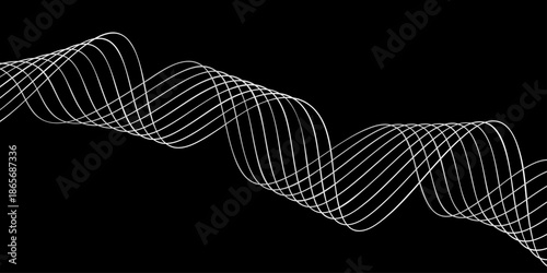 Abstract black and white ribbon and DNA helix lines create a blue motion wave pattern in a vector illustration concept for a technology wallpaper design