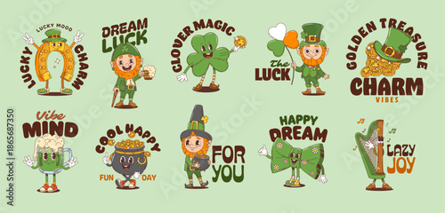 Funny leprechaun and St Patrick day y2k groovy stickers featuring clovers, green beer, pots of gold, shamrocks playful characters for festive cards, celebrating Irish culture and lucky retro vibes