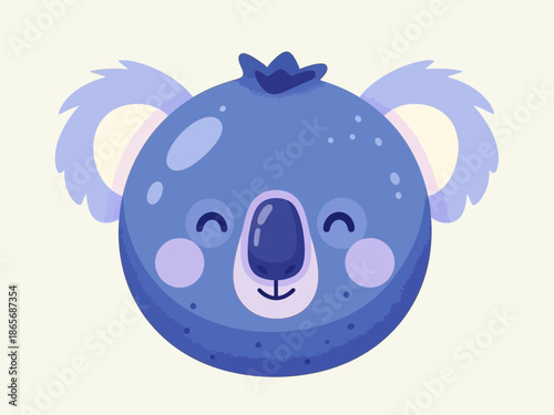 Adorable cartoon blueberry koala mascot face combining cute Australian marsupial features with sweet fruit likeness for healthy food branding concepts