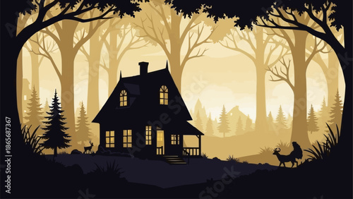 Silhouette of a haunted house in a dark forest at night.
