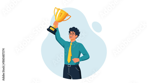 A successful and happy businessman in a blue shirt and glasses proudly holds up a golden first-place trophy, celebrating his achievement.