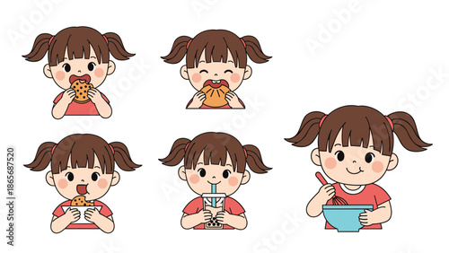 A collection of five illustrations showing a cute little girl with pigtails engaged in various eating and cooking activities with a happy expression.