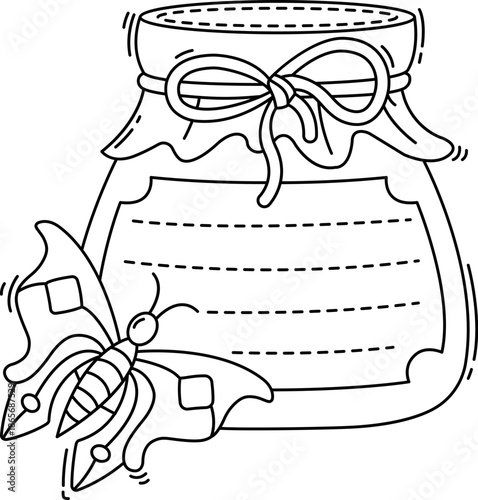 Honey jar kids memo note template. Kids diary vector memo note, children schedule checklist. Child scrapbook page sticker or kid planner To Do list frame with honey or jam bottle and flying butterfly