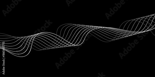 Black and white abstract background featuring a flowing wave pattern with digital blue light lines and a vector motion design element for a modern technology texture wallpaper