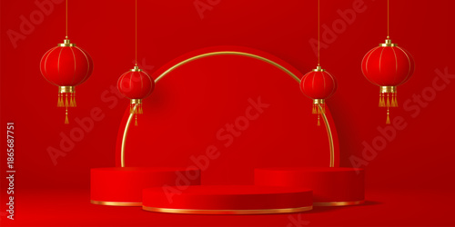 Red Chinese podium stage with three round stages trimmed in gold and hanging Chinese lanterns above. Podium surrounding a golden arch. 3d vector red circular traditional Asian lunar new year podium