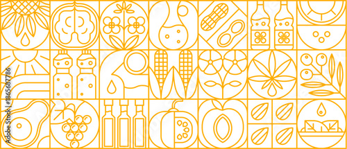 Sunflower, rapeseed, corn and other oil geometric pattern with agricultural motifs of sunflower, corn, rapeseed, peanut, olive, and avocado oil plants. Vector retro modern abstract line background