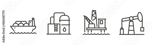 Set of oil industry icons. Oil pump, refinery, offshore and tanker. Editable stroke vector illustration.