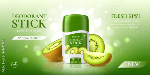 Realistic dry stick deodorant perfume cosmetic bottle. Vector mockup of cosmetics deodorant stick in green packaging with a kiwi fragrance, freshness and eco friendly quality. 3d promo banner