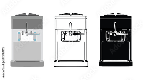 Three different views of a soft serve ice cream machine are displayed.