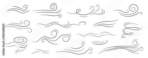 Doodle wind motions of vector breeze, storm and air flow movement swirls. Hand drawn sketch waves and curved lines of fresh wind blow. Speed motion doodle effect of windy weather or storm air flows