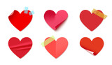Heart shaped stickers, decorative vector paper heart sticky notes with folded corners, adhesive tapes and glitters. Valentine Day holiday love card, romantic stickers and creative stationery tags