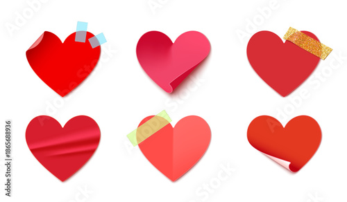 Heart shaped stickers, decorative vector paper heart sticky notes with folded corners, adhesive tapes and glitters. Valentine Day holiday love card, romantic stickers and creative stationery tags