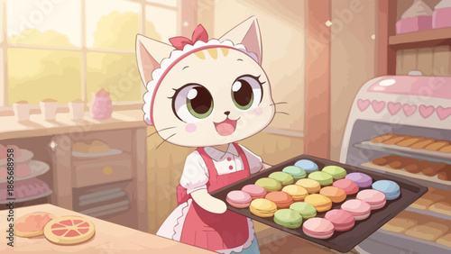Cute cartoon cat presenting colorful macarons in bakery