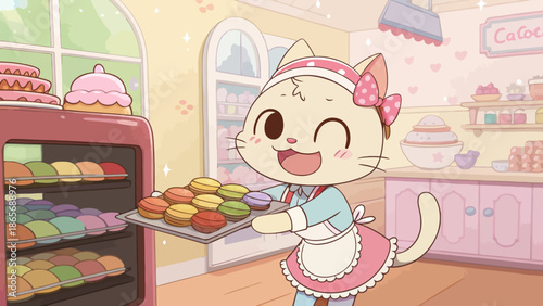 Cute cat baker presenting colorful macarons in cozy bakery