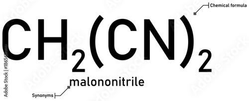 Malononitrile chemical formula with callout titles