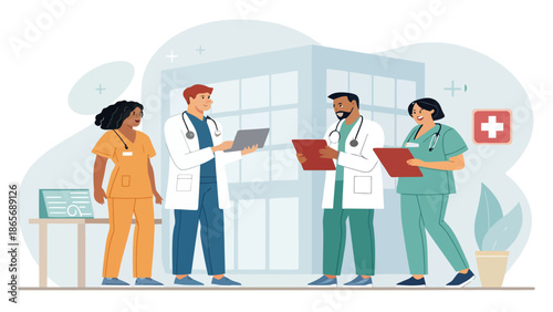 Medical team discussing patient care in modern hospital setting