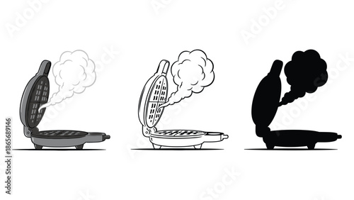 Three different styles of a waffle maker steaming