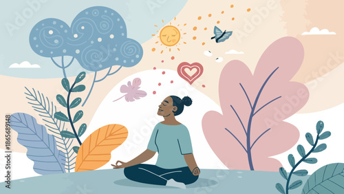 Serene woman meditating in nature with heart and butterfly
