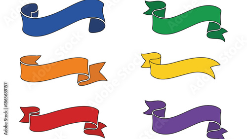 A collection of six colorful banners arranged in two columns on a white background.