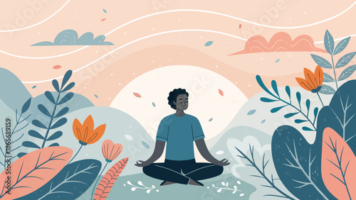 Serene man meditating in peaceful natural setting with flowers
