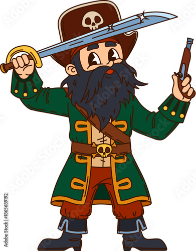 Corsair pirate crew black beard captain cartoon character. Cheerful pirate character, boatswain bandit isolated vector mascot. Corsair fighter funny personage armed with flintlock pistol and sword