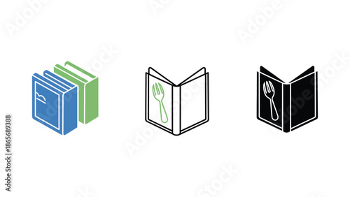 Three icons representing cookbooks or recipe books with a fork symbol.