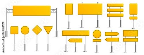 Yellow road street signs, traffic signpost with rectangle, circle, square and diamond, triangle and arrows on metallic poles. 3d vector set for transportation, navigation interfaces, or road safety