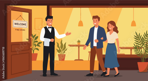  Waiter Welcoming Guests
A flat vector illustration of a waiter greeting guests at a restaurant entrance. The waiter gestures politely toward available tables. 