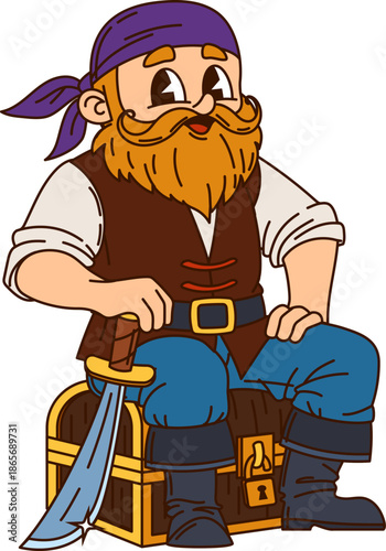 Corsair pirate crew sailor sits on treasure chest cartoon character. Cheerful corsair bandit character, pirate isolated vector mascot. Boatswain personage with red beard and mustaches, cutlass sword